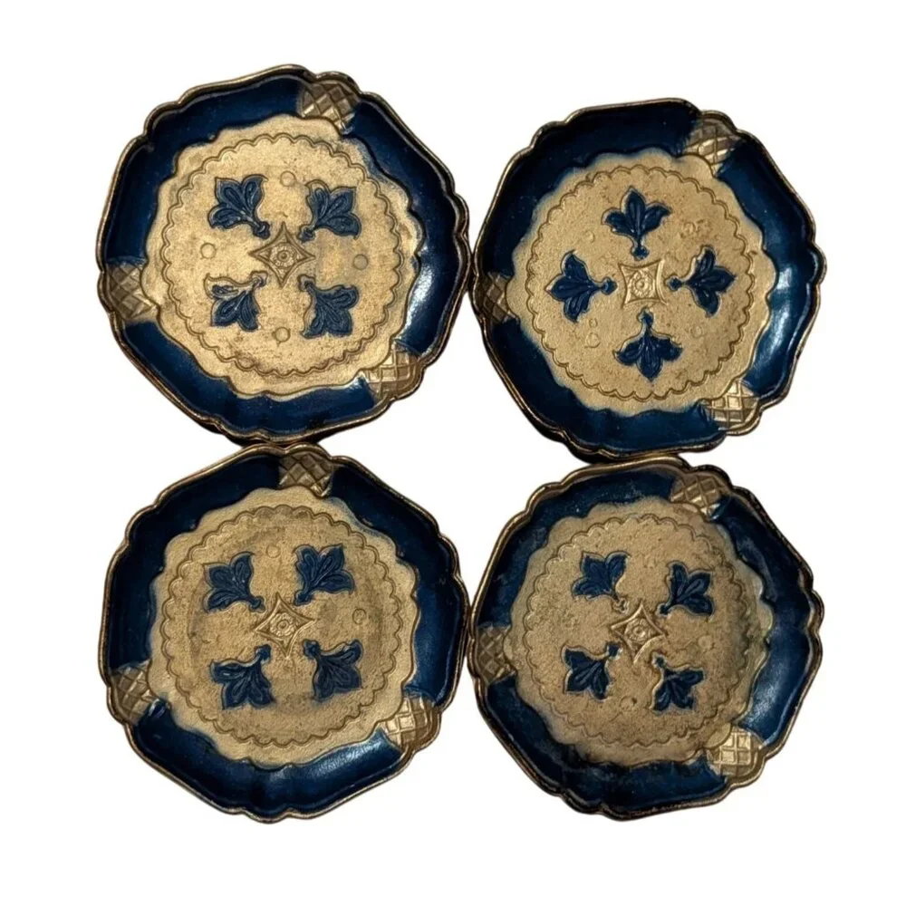 Italian Florentine Blue Gold Resin Coasters Trinket Dishes Set Of 4 4-Inch Round - Picture 2 of 16